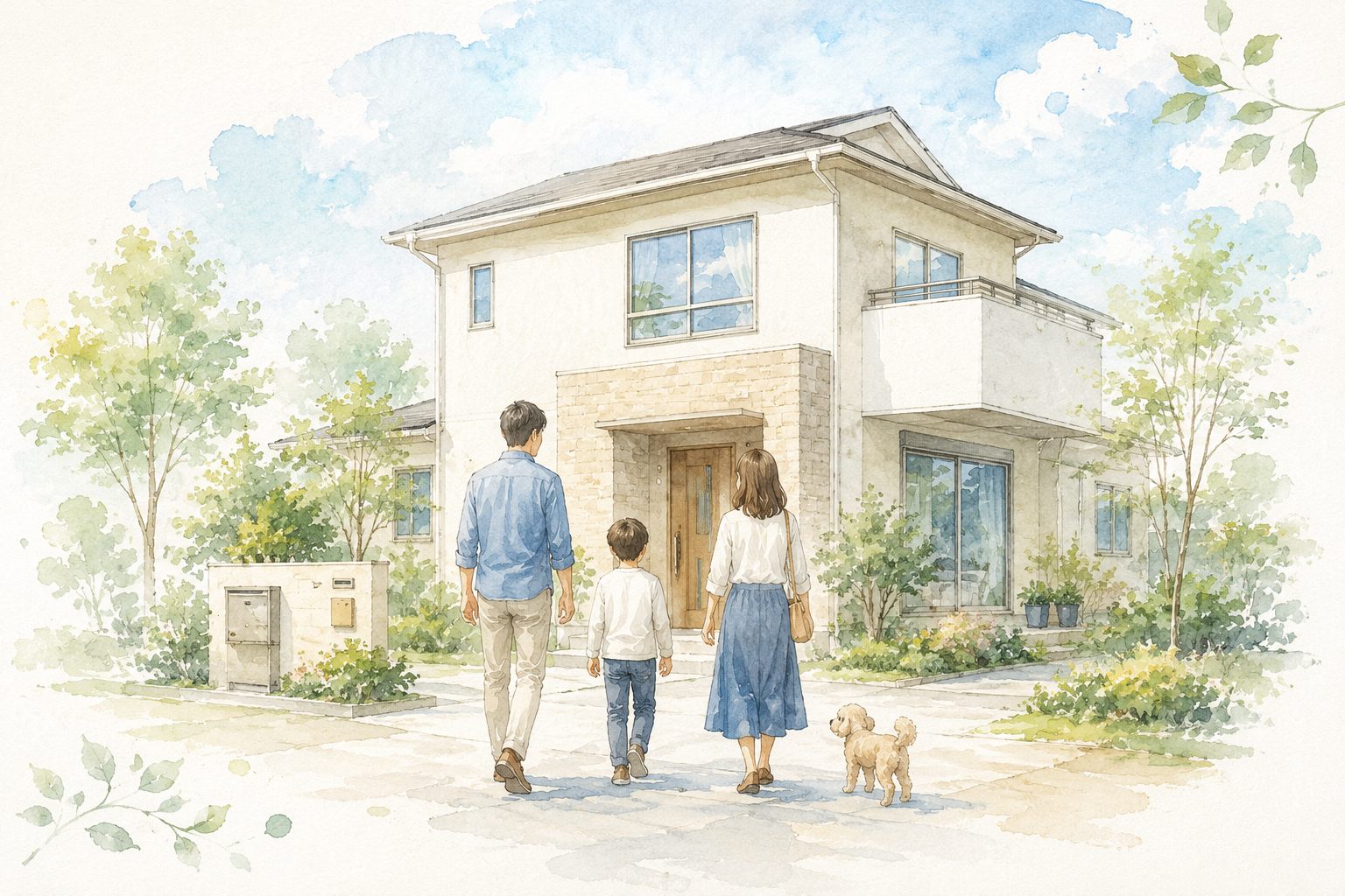 外壁塗装を終えた住宅へ向かって歩く家族と犬のイラスト