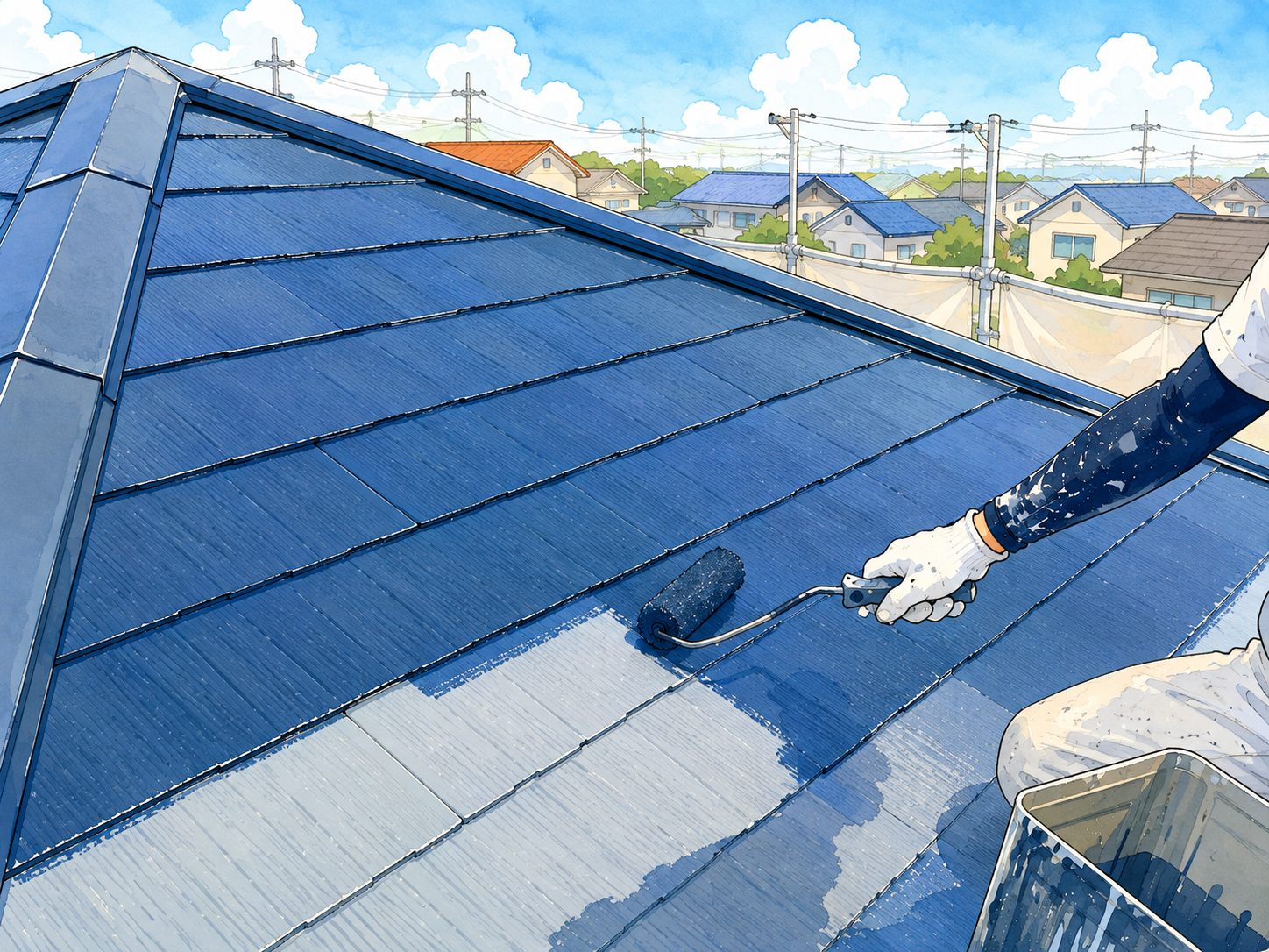 屋根を塗装している職人のイラスト