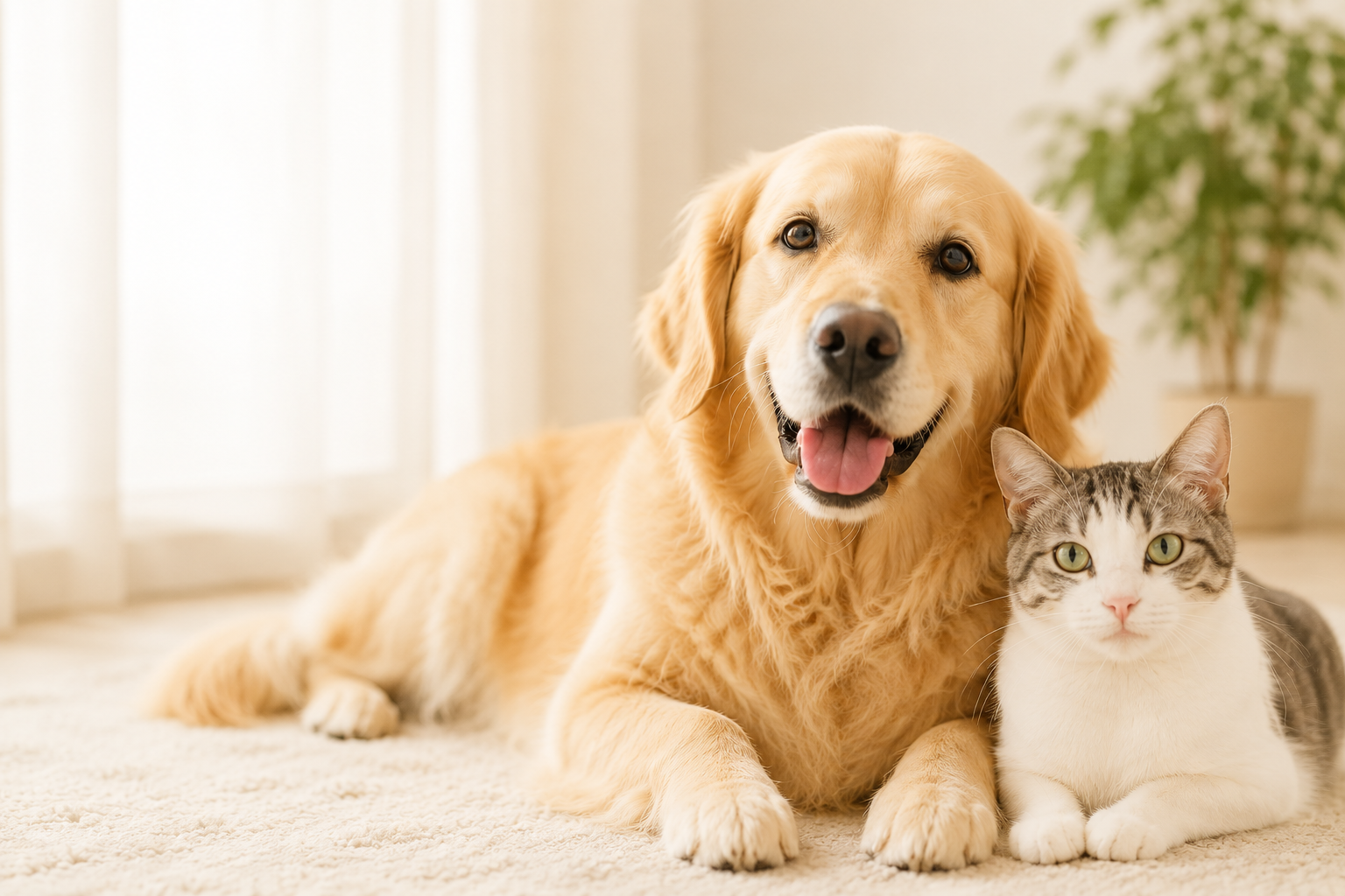 仲良く寄り添う犬と猫